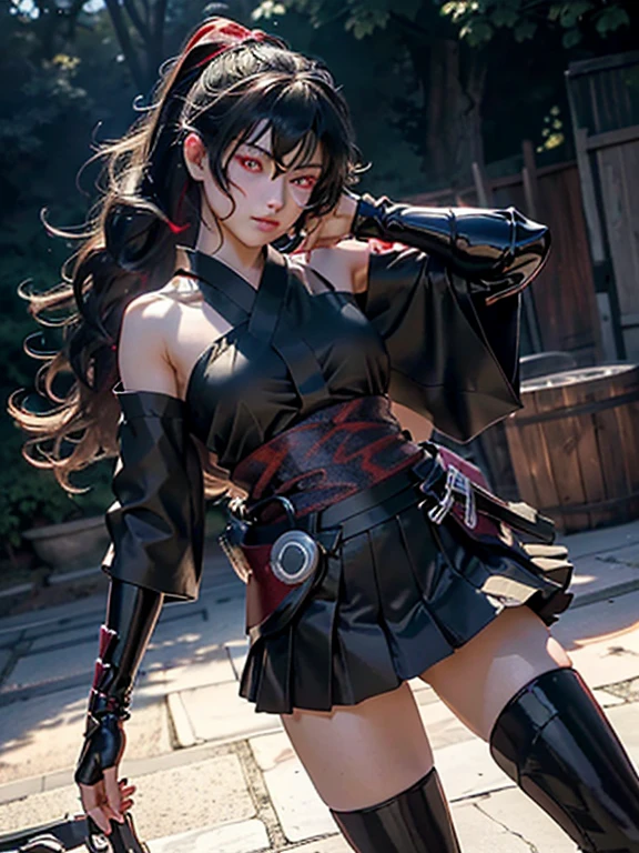 Anime-Serie, Mädchen, (((1 Mädchen))), (((Waifu, Raven Branwen, Raven Branwen Waifu))), (((Schwarzes Haar, Zerzaustes Haar))), ((Purpurrote Augen: 1.3, Nach oben gerichtete Augen: 1, perfekte Augen, Schöne, detaillierte Augen, Farbverlauf-Augen: 1, fein detaillierte schöne Augen: 1, Symmetrische Augen: 1, Großes Highlight auf den Augen: 1.2)), (((glänzende Haut: 1.5, helle Haut: 1.5, Hauthell, Glänzende Haut, Very Glänzende Haut, glänzender Körper, Kunststoff-Glitzerhaut, Exaggerated Glänzende Haut, leuchtende Haut))), (detaillierter Körper, (detailliertes Gesicht)), jung, lolita, (beste Qualität), (((Bizepshohe Stulpen, gepanzerte Stiefel, Overknee-Stiefel, gepanzerte Stulpen))), (((Kampfkimono))), (((Rock))), hohe Auflösung, scharfer Fokus, Extrem detailliert, extrem detailliert, extrem hochwertige Kunstwerke, (Realistisch, fotorealistisch: 1.37), 8k_HINTERGRUND, (extrem detailliert CG 8k), (Sehr feine 8K CG), ((Hyper Super Extrem detailliert Perfect Piece)), (((Makelloses Meisterwerk))), Illustration, leuchtende Farben, (kompliziert), Hoher Kontrast, Selektive Beleuchtung, Doppelgefährdung, HDR (Hoher Dynamikbereich), Nachbearbeitung, Hintergrundunschärfe