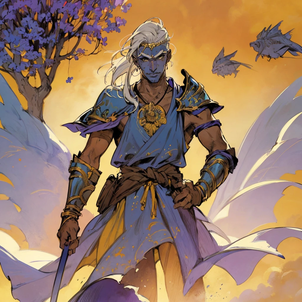 masterpiece:1.2, best quality, ultra detailed, absurdres, (action_shot), (1person blue_skin), archer, white_hair, wearing royal headpiece, shoulder length hair, 1male,male_focused, warrior King smiling in elegant armor and purple_robes, bowman gear, in the style of   Kentaro Miura, fantasy, SCI-FI, fire background,