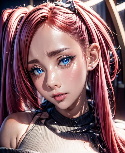 anime in real life, cabelo twintail rosa e olhos ciano, seductive  anime, hyper anime realista, photoanime realista, photorealis...