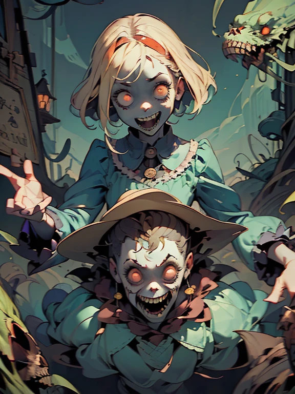 Gruesome and spooky details、An atmosphere full of suspense and tension、Psychological horror、Cute Smile、Mysterious and unsettling atmosphere、A terrifying moment、Nightmare scenario、Alice in Wonderland、Enthusiastic atmosphere、Mischievous Smile、Expressive gestures、Comical movement、Blonde、Light blue outfit
