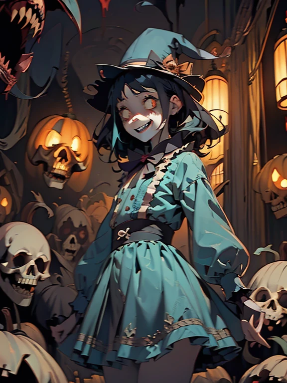 Gruesome and spooky details、An atmosphere full of suspense and tension、Psychological horror、Cute Smile、Mysterious and unsettling atmosphere、A terrifying moment、Nightmare scenario、Alice in Wonderland、Enthusiastic atmosphere、Mischievous Smile、Expressive gestures、Comical movement、Long straight black hair、Light blue outfit
