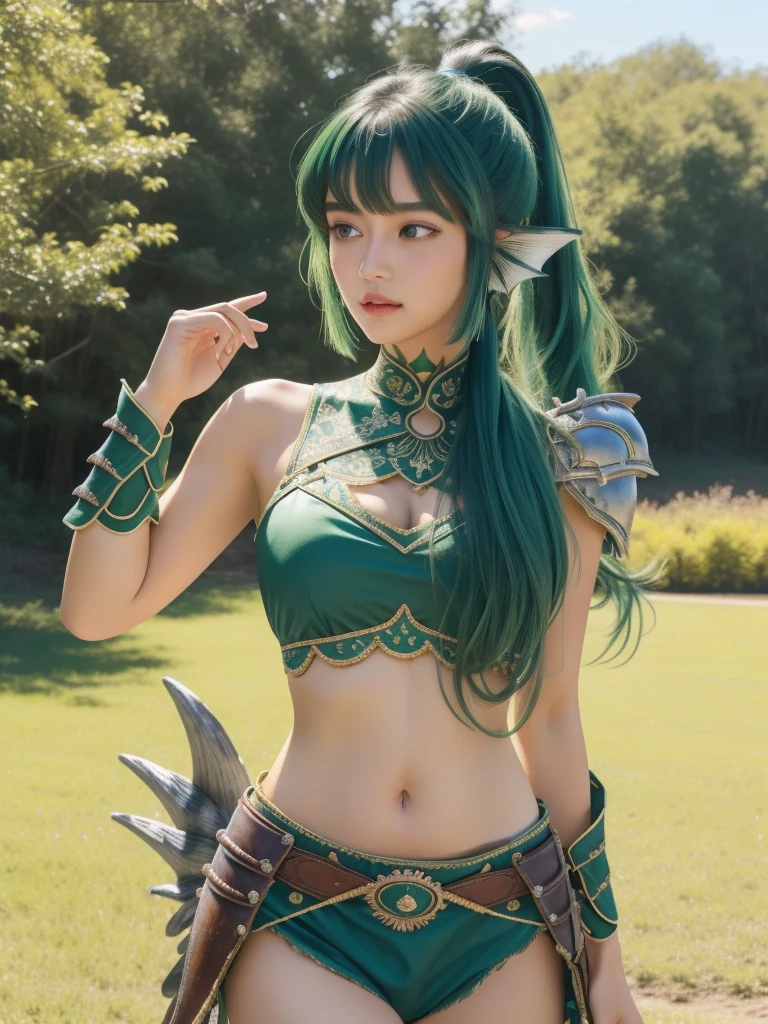 (masterpiece, best quality),  Intricate details, 
1 Girl,  Finana, (Cephalic fin:1.2), Ponytail, Green Hair, diaphragm, , Umbilical cord, long hair, looking at the audience, Crop Top, Cowboy shooting hair accessories, Medium breasts, Bangs,
 Anjanath (armor),