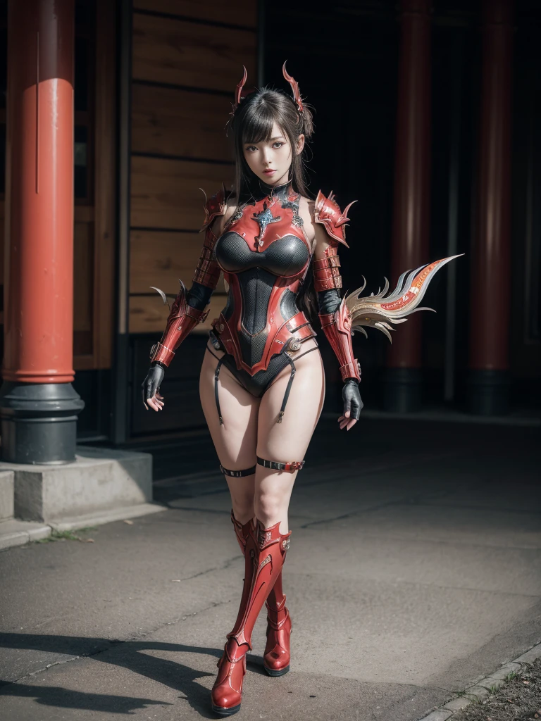 (high quality), (masterpiece), (detailed), 8K, Surrealistic depiction of futurism (1 girl 1.2), Japanese character surrounded by red metal armor, Full body suit, Details: Red iron, Detailed breast skin white, Skin tightening details, Red metal shoes. Meticulous detail captures the dynamic fusion of tradition and innovation in this visually stunning work. Popular on artstation.