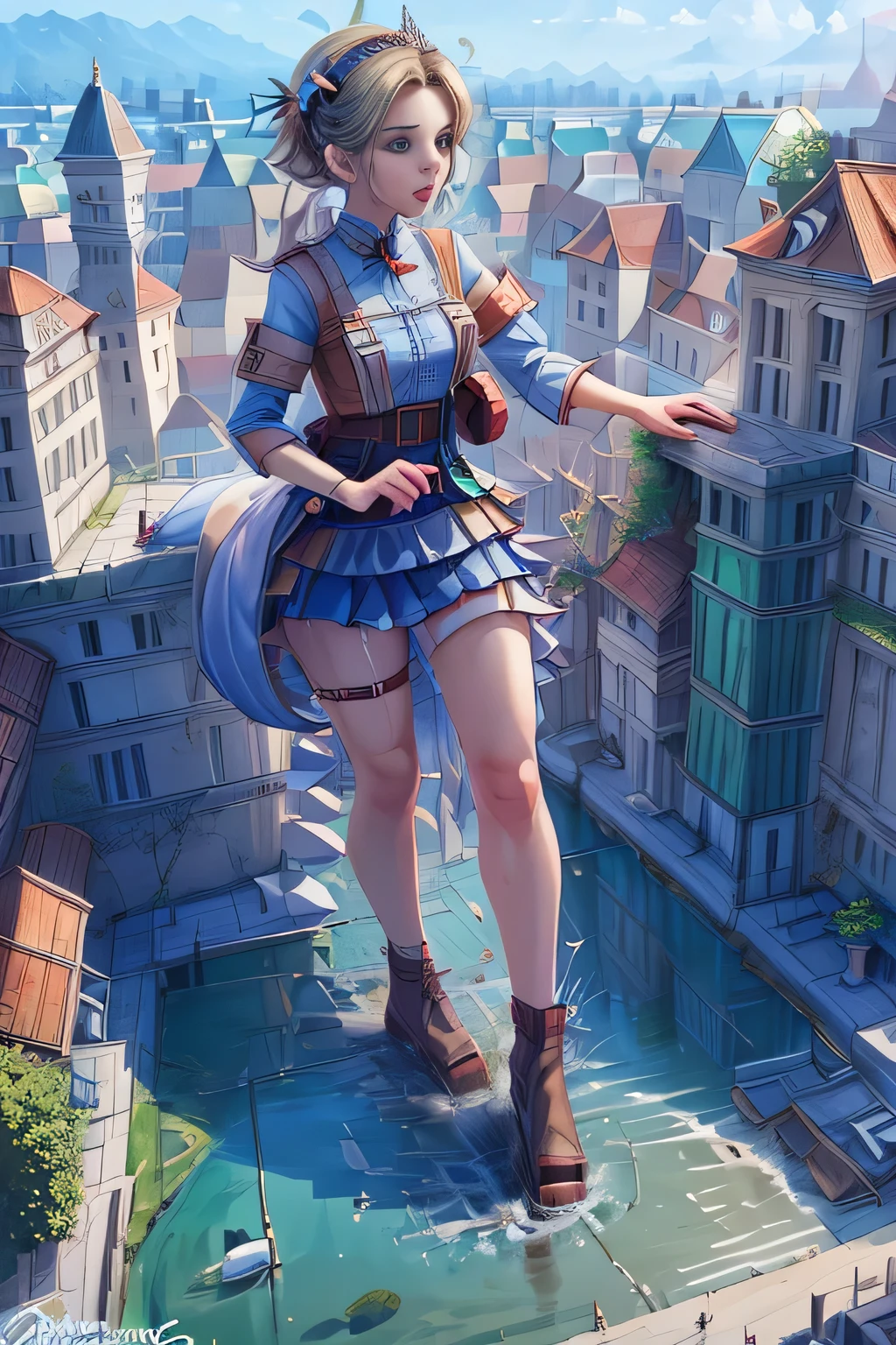 géante art, highly detailed géante shots, géante, deux jambes, cinq doigts, Cheveux courts, princesse super géante, Une belle fille qui est plus grande que n&#39;importe quel gratte-ciel, Porter des lunettes sans monture, sourire, Gros seins, Magnifique robe blanche, collants blancs, collants blancs, Sandales à talons aiguilles blanches, orteils visibles à travers les collants, Détruire des villes, Une très petite grande ville, Métropole miniature, Description complète du corps, GTS, giga géante, Ville piétinante, ville accidentée, petite ville, micro ville, Pieds collants, haute résolution, la plus haute qualité, chef-d&#39;œuvre, robe de princesse, 