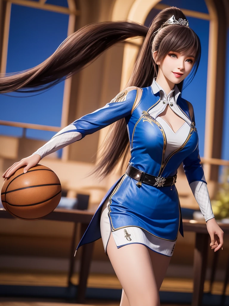 1 Girl, long hair, skirt,Hair accessories, city View, night, High Leg Raise, Boss,白skirt,Ponytail, Cowboy shooting, Long sleeve, belt,blue eyes,cosmetic,1 lady only, /(Basketball clothes/), Become a, /(Light brown hair/) Bangs, Friendly smile, (Masterpiece Best Quality:1.2) Exquisite illustrations with rich details, Big BreastsBREAK /(Civic Gymnasium/) indoors