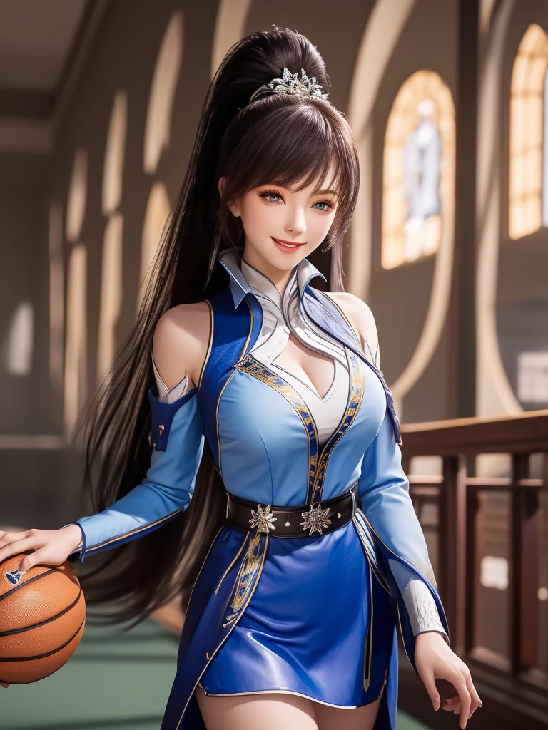 1 Girl, long hair, skirt,Hair accessories, city View, night, High Leg Raise, Boss,白skirt,Ponytail, Cowboy shooting, Long sleeve, belt,blue eyes,cosmetic,1 lady only, /(Basketball clothes/), Become a, /(Light brown hair/) Bangs, Friendly smile, (Masterpiece Best Quality:1.2) Exquisite illustrations with rich details, Big BreastsBREAK /(Civic Gymnasium/) indoors