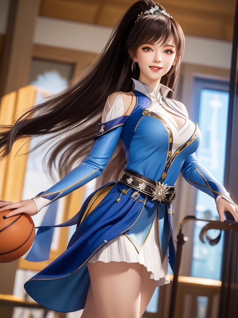 1 Girl, long hair, skirt,Hair accessories, city View, night, High Leg Raise, Boss,白skirt,Ponytail, Cowboy shooting, Long sleeve, belt,blue eyes,cosmetic,1 lady only, /(Basketball clothes/), Become a, /(Light brown hair/) Bangs, Friendly smile, (Masterpiece Best Quality:1.2) Exquisite illustrations with rich details, Big BreastsBREAK /(Civic Gymnasium/) indoors