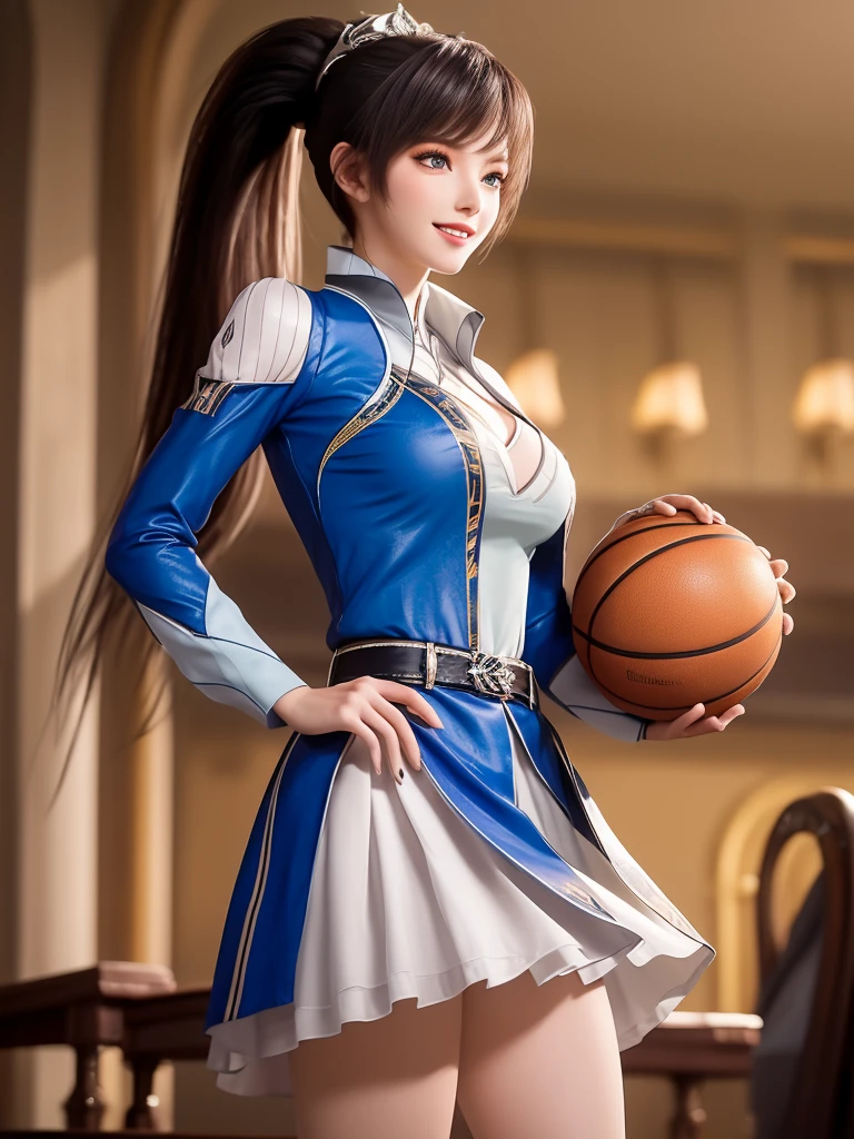 1 Girl, long hair, skirt,Hair accessories, city View, night, High Leg Raise, Boss,白skirt,Ponytail, Cowboy shooting, Long sleeve, belt,blue eyes,cosmetic,1 lady only, /(Basketball clothes/), Become a, /(Light brown hair/) Bangs, Friendly smile, (Masterpiece Best Quality:1.2) Exquisite illustrations with rich details, Big BreastsBREAK /(Civic Gymnasium/) indoors