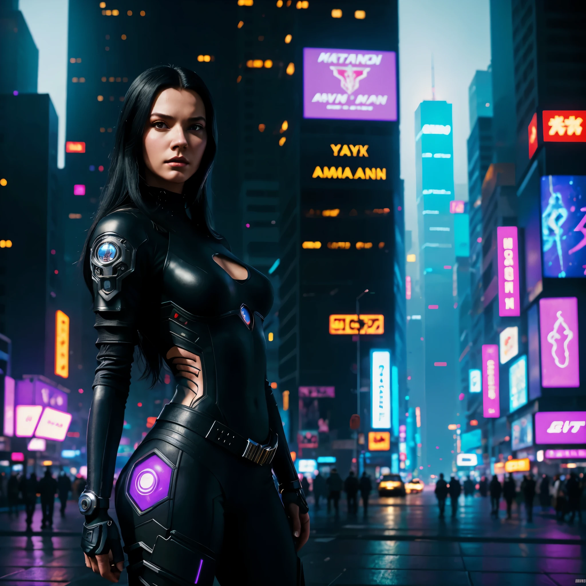 Belle femme, anti héros portant un uniforme noir et violet, épée laser katana à la main, peau blanche, longs cheveux noirs, portrait, Jeff Ponts, ((style dessin animé)), Style de l&#39;univers cinématographique Marvel, (((ville cyberpunk en arrière-plan))), bokeh doux de ville futuriste, Atey Ghaïlan, Jérémie Mann, Greg Manches, Antonio Moro, Tendance dans Artstation, tendance dans la société CG, complexe, Détails élevés,  netteté, art de peinture dramatique et photoréaliste par Midjourney et Greg Rutkowski, Bokeh en arrière-plan