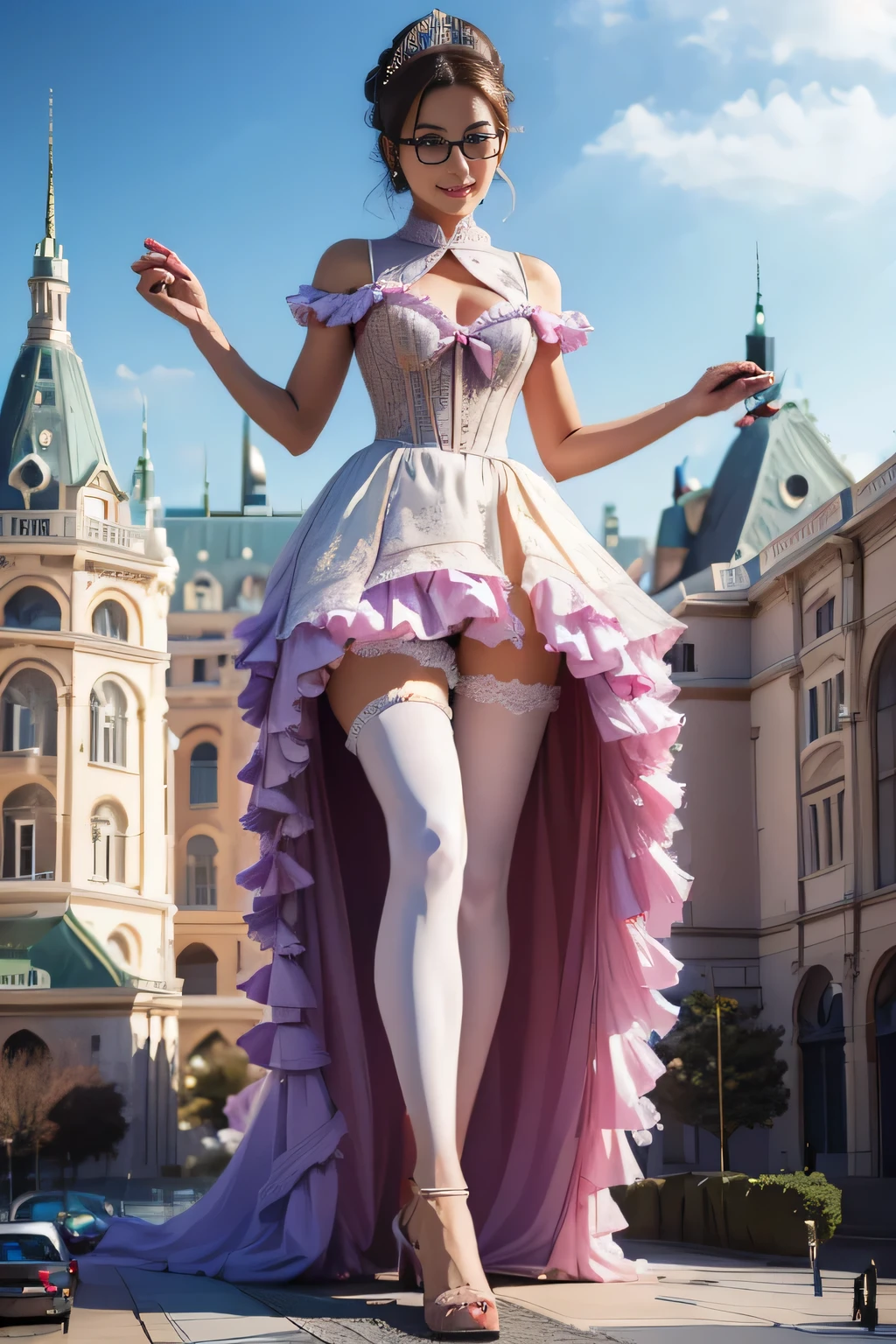 giantess art, fotos de giganta altamente detalhadas, giantess, duas pernas, cinco dedos, cabelo curto, super giant princess, Uma linda garota que é maior que qualquer arranha-céu, usando óculos sem aro, sorriso, seios grandes, Lindo vestido branco, meia-calça branca, meia-calça branca, Sandálias de estilete brancas, dedos dos pés visíveis através da meia-calça, Destruindo cidades, Uma cidade grande muito pequena, Miniature metropolis, descrição de corpo inteiro, gts, giga giantess, Cidade pisando forte, cidade acidentada, pequena cidade, microcidade, Pés de meia-calça, Alta resolução, mais alta qualidade, obra de arte, vestido de princesa, EdobSyFyCidadePaisagem, 