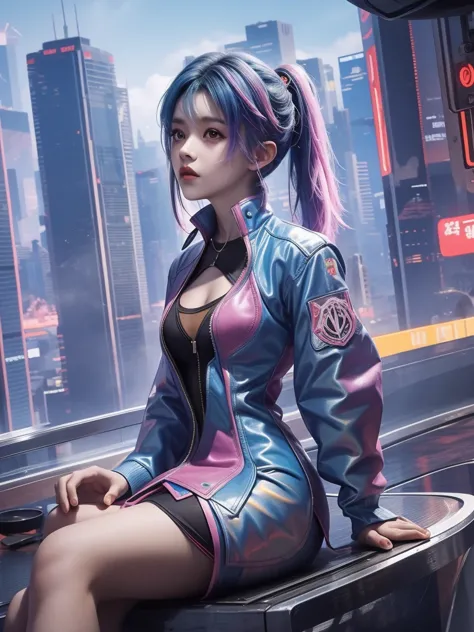 there is a woman sitting on a chair, cyberpunk anime girl, female cyberpunk anime girl, cyber school girl, cyberpunk 2000. model...