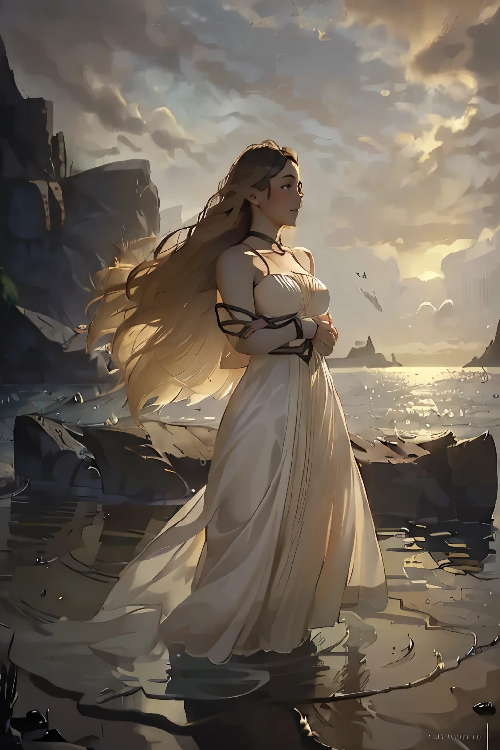 young woman, blonde hair, long golden hair, loose hair, dressed in a light white dress with straps, sea in the background, Bright sunlight, sea shore, The wind blows the dress, Cinematic light, daylight, beauty, masterpiece, Highest quality