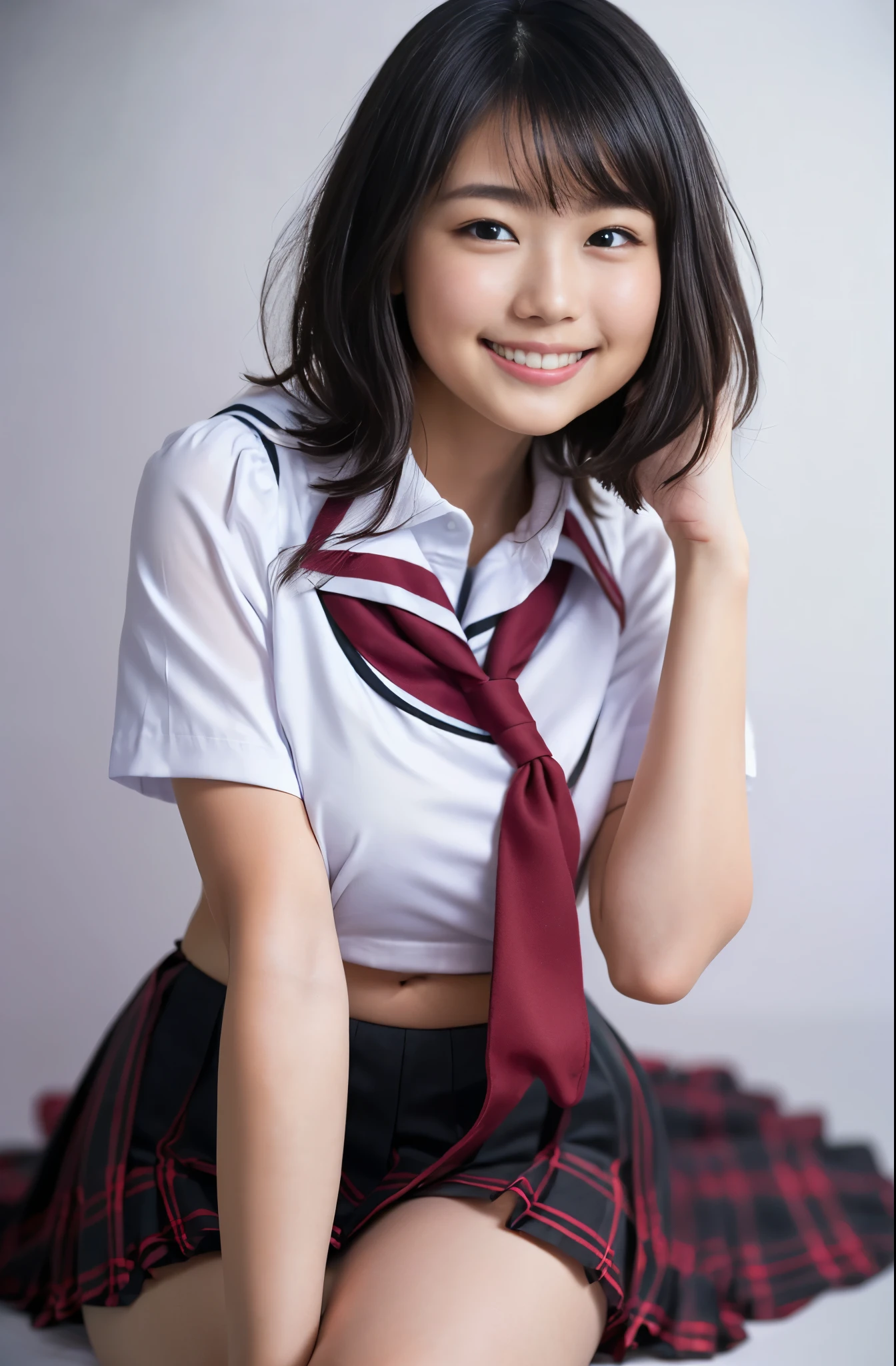 （8k、Raw photography、highest quality、masterpiece：1.2),(Black-haired、Very short hair:1.8),(:1.3)、View your audience,Viewed from the front,White skin,(high school girl、School Uniform:1.6)、(Tight waist:1.6)、(Clothes that accentuate the shape of the breasts:1.0)、(Big Breasts :1.3)、Slim figure、Ultra-high resolution,beautiful,beautiful fece,(one person、No background:1.9),whole bodyボディー,Japanese women,（reality的：1.37）、Photon Mapping,reality、(Baby-faced and cute: 1.4)、(Cute Smile: 1.8)、(Round face: 1.8)、Radio City、Physically Based Rendering、Depth of field rally background、photograph, (I can see your knees、Thigh close-up:1.8),（Checked skirt:1.6）,whole body、Great quality