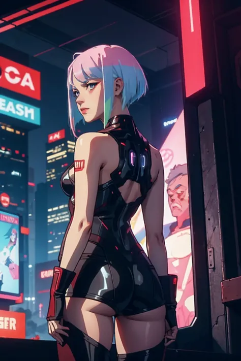 a girl, lucy, looking at the audience, cyberpunk, from the back,