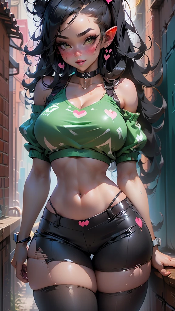 1girl, solo, Elf, (black hair:1.4), (dreadlocks), (green eyes), narrow shoulders, , shortstack, (blush:1.6), freckles, (wide hips), (thick thighs), (slim waist), (midriff), (parted lips), (seductive smile), (heart choker:1.4), (crop top), (short shorts), (cleavage), (skindentation:1.2), (monocolored skin), (brown skin), (melanin), (gigantic_breasts), AddXL, (huge thick lips),