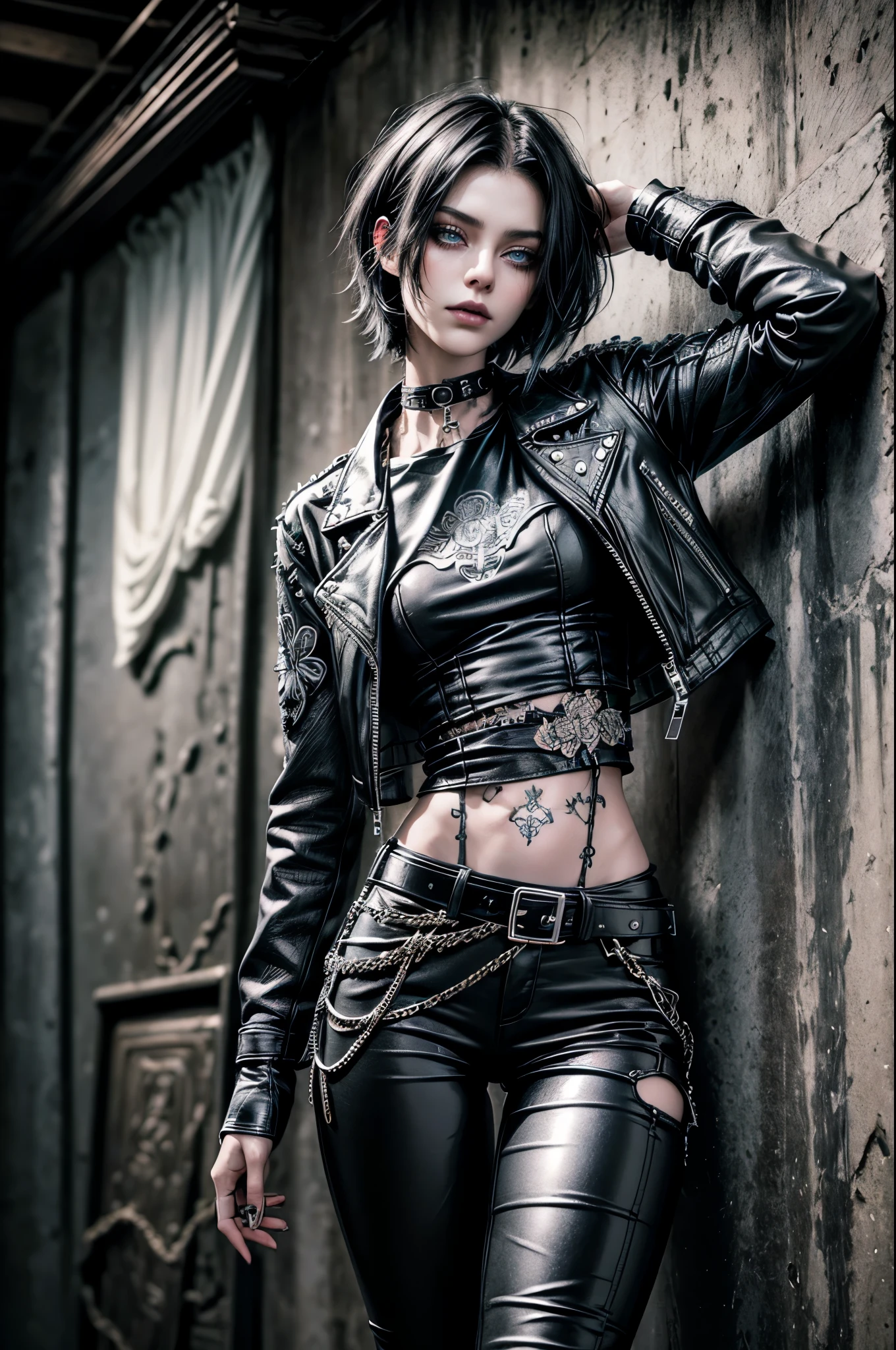 (Detailed illustrations, Very detailed and detailed drawing, Delicate lines with slow and rapid, Realistic texture expression), One woman with very short black hair , ( emo hairstyle, ), goth, pale white skin, evil smirk, (girls bedroom background), dark lighting, cold atmosphere, lore_Emma , blue eyes , dark eyeliner, (ultra dark glossy black lipstick), bored expression, gorgeous face , super cute, 18 years old , hyper detailed face, (super skinny figure , small breast, thin waist), back leaning against wall, one raised arm behind head, slim legs, slim hips, LowriseXL, (ultra low rise wet look shiny leather pants with transparent flower pattern), (mesh shirt with flower pattern), black choker, vulva tattoo, (white lotus flower in hair), ((flower pattern tattoo)), fingerless leather gloves, (black nail polish), faded tattoo's, ((thigh belt)), ((hip chains)), ((a lot of hip chains)), ((many chains hanging on the hip)), ((belt hanging on hip)), ((many studded belts)), ((black leather jacket with white fur trim))