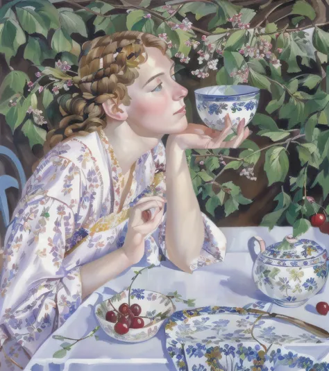 painting of a woman sitting at a table with a bowl of cherries, by janet fish, francine van hove, inspired by zinaida serebriako...