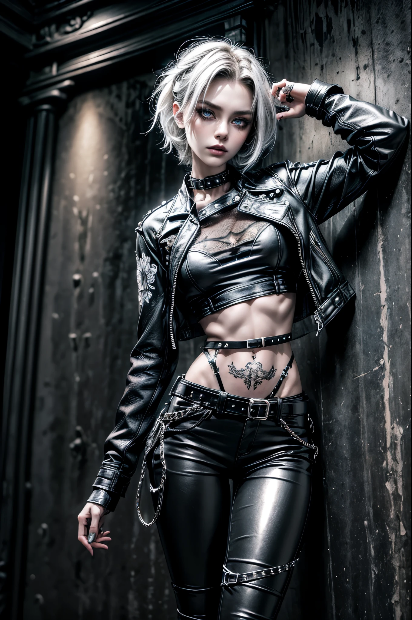 (Detailed illustrations, Very detailed and detailed drawing, Delicate lines with slow and rapid, Realistic texture expression), One woman with very short black hair , ( emo hairstyle, ), goth, pale white skin, evil smirk, (girls bedroom background), dark lighting, cold atmosphere, lore_Emma , blue eyes , dark eyeliner, (ultra dark glossy black lipstick), bored expression, gorgeous face , super cute, 18 years old , hyper detailed face, (super skinny figure , small breast, thin waist), back leaning against wall, one raised arm behind head, slim legs, slim hips, LowriseXL, (ultra low rise wet look shiny leather pants with transparent flower pattern), (mesh shirt with flower pattern), black choker, vulva tattoo, (white lotus flower in hair), ((flower pattern tattoo)), fingerless leather gloves, (black nail polish), faded tattoo's, ((thigh belt)), ((hip chains)), ((belt hanging on hip)), ((many studded belts)), ((black leather jacket with white fur trim))