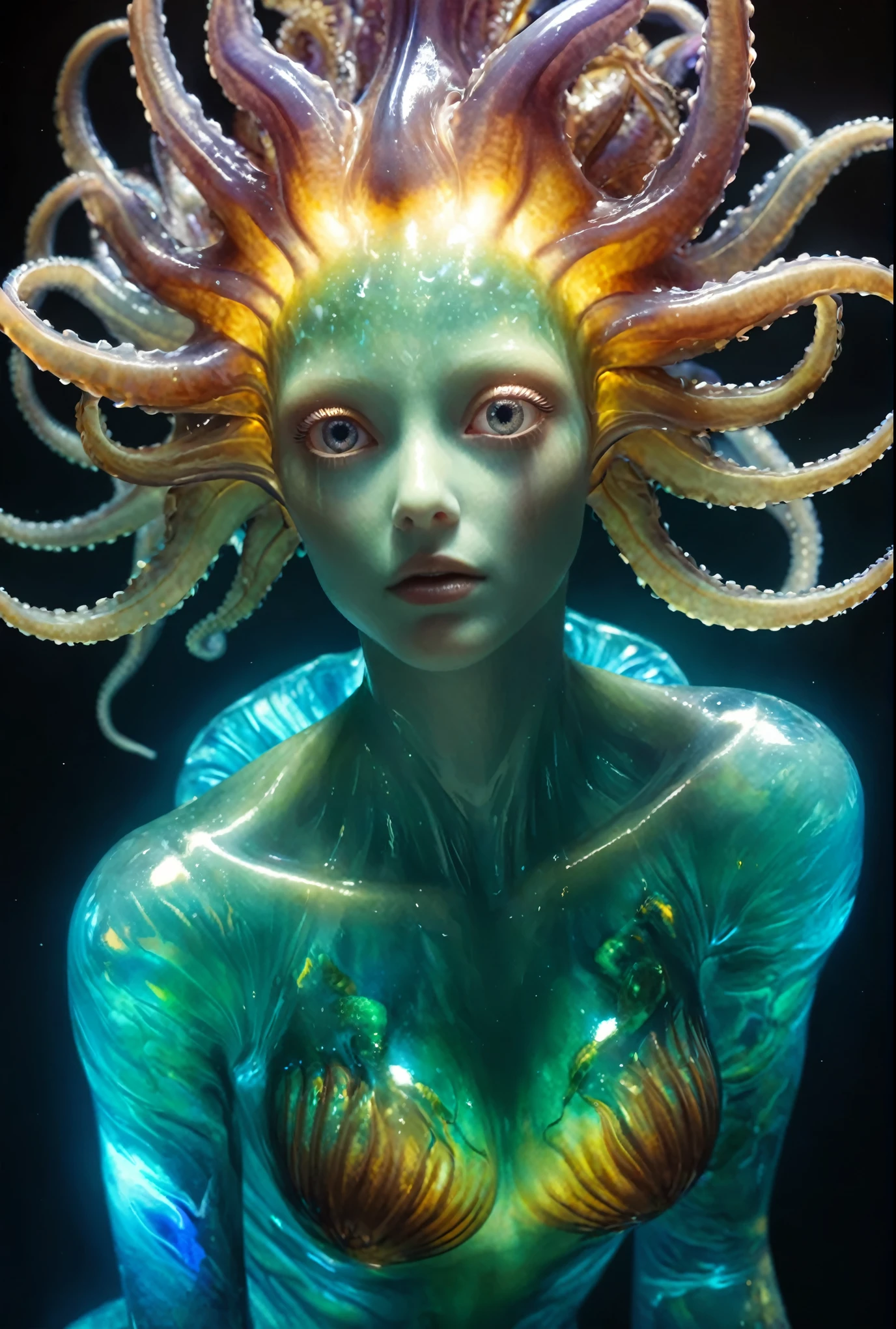 (best qualityer,4K,high resolution,work of art:1.2),ultra detali,(realisitic,photorealisitic:1.37), (1 beautiful 18 year old jellyfish-like alien:1.8), Underwater, swirly vibrant colors, bioluminescence, surreal, grotesque, beautiful detailed eyes, detailed lips, slimy skin, tentacles, intricate patterns, extraordinary creature, unique anatomy, Ocean environment, Dark abyss, mystifier, uncanny, haunting, weirdcore, fancy, hybrid beauty, ethereal, enchanting lighting, With mesmerizing iridescent glowing markings adorning your body, the intricacies of its tentacle parts highlight the rich colors and beautiful soft light. The vast open waters serve as a vivid backdrop, allowing the octopus to absorb every detail, displaying their absurd and complex forms in unparalleled quality. (realisitic, hyper-realisitic:1.5), bushy eyebrows, (beautiful super detailed opal eyes:1.8), smiling seductively, (no-makeup:1.7), (Exoskeleton with beautiful Nautilus design:1.8), Pale, white skin with visible veins, beautiful nipples, face painting with nautilus design,