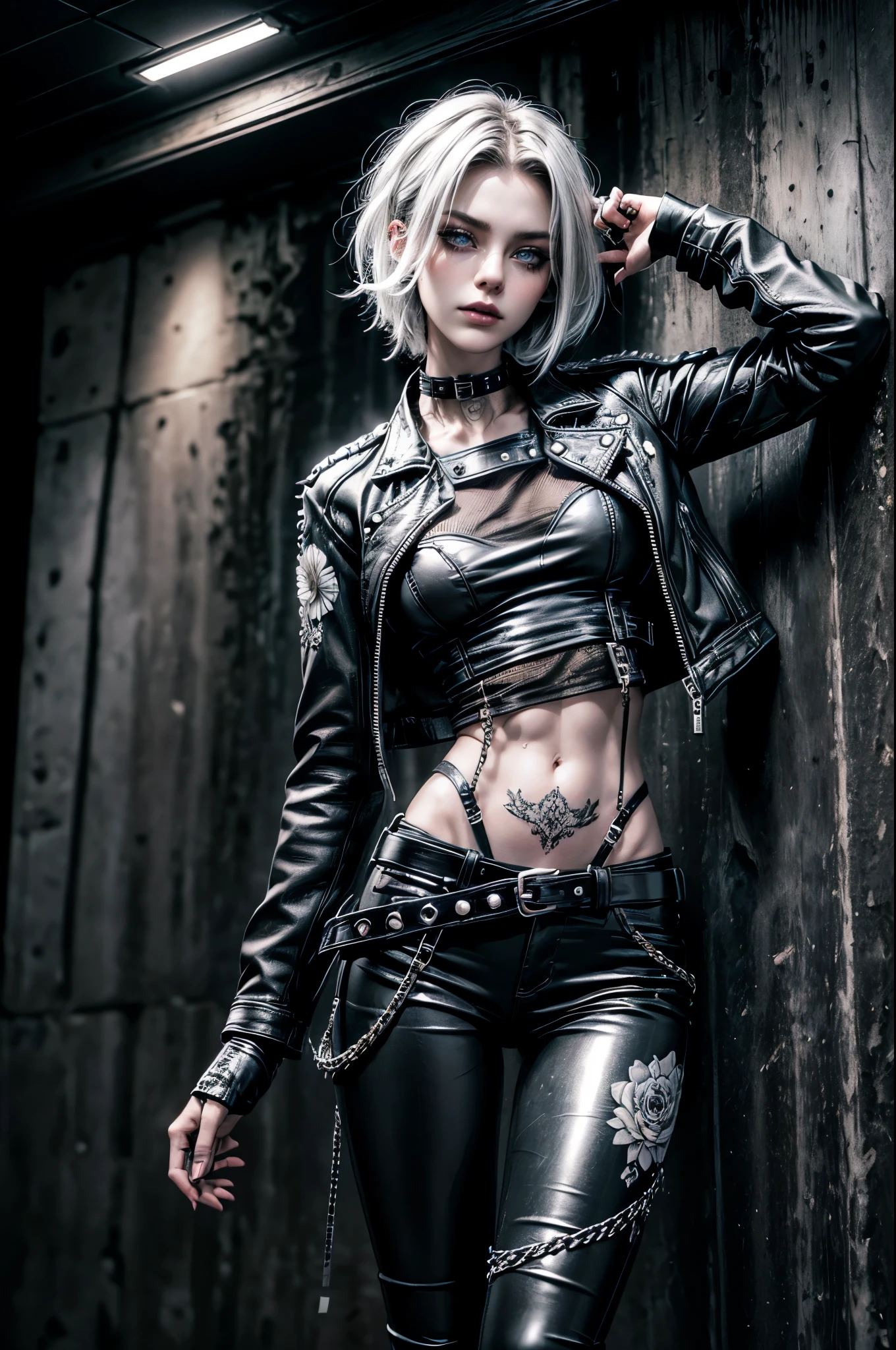 (Detailed illustrations, Very detailed and detailed drawing, Delicate lines with slow and rapid, Realistic texture expression), One woman with very short black hair , ( emo hairstyle, ), goth, pale white skin, evil smirk, (girls bedroom background), dark lighting, cold atmosphere, lore_Emma , blue eyes , dark eyeliner, (ultra dark glossy black lipstick), bored expression, gorgeous face , super cute, 18 years old , hyper detailed face, (super skinny figure , small breast, thin waist), back leaning against wall, one raised arm behind head, slim legs, slim hips, LowriseXL, (ultra low rise wet look shiny leather pants with transparent flower pattern), (mesh shirt with flower pattern), black choker, vulva tattoo, (white lotus flower in hair), ((flower pattern tattoo)), fingerless leather gloves, (black nail polish), faded tattoo's, ((thigh belt)), ((hip chains)), ((belt hanging on hip)), ((many studded belts)), ((black leather jacket with white fur trim))