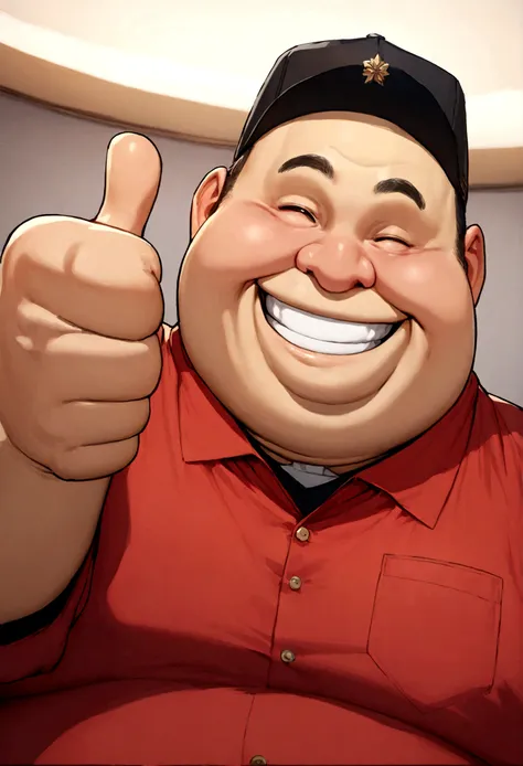 fat man in red shirt and black cap smiling doing thumbs up sign style  cartoon - SeaArt AI