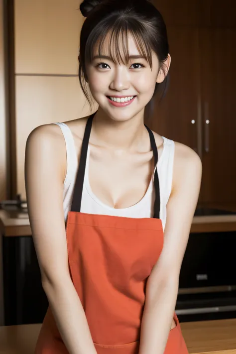 A woman is cooking, In the kitchen, Wearing a naked apron,(Naked Apron,Dark red apron,Short apron),(Hair Bun,curly,Black Hair),M...