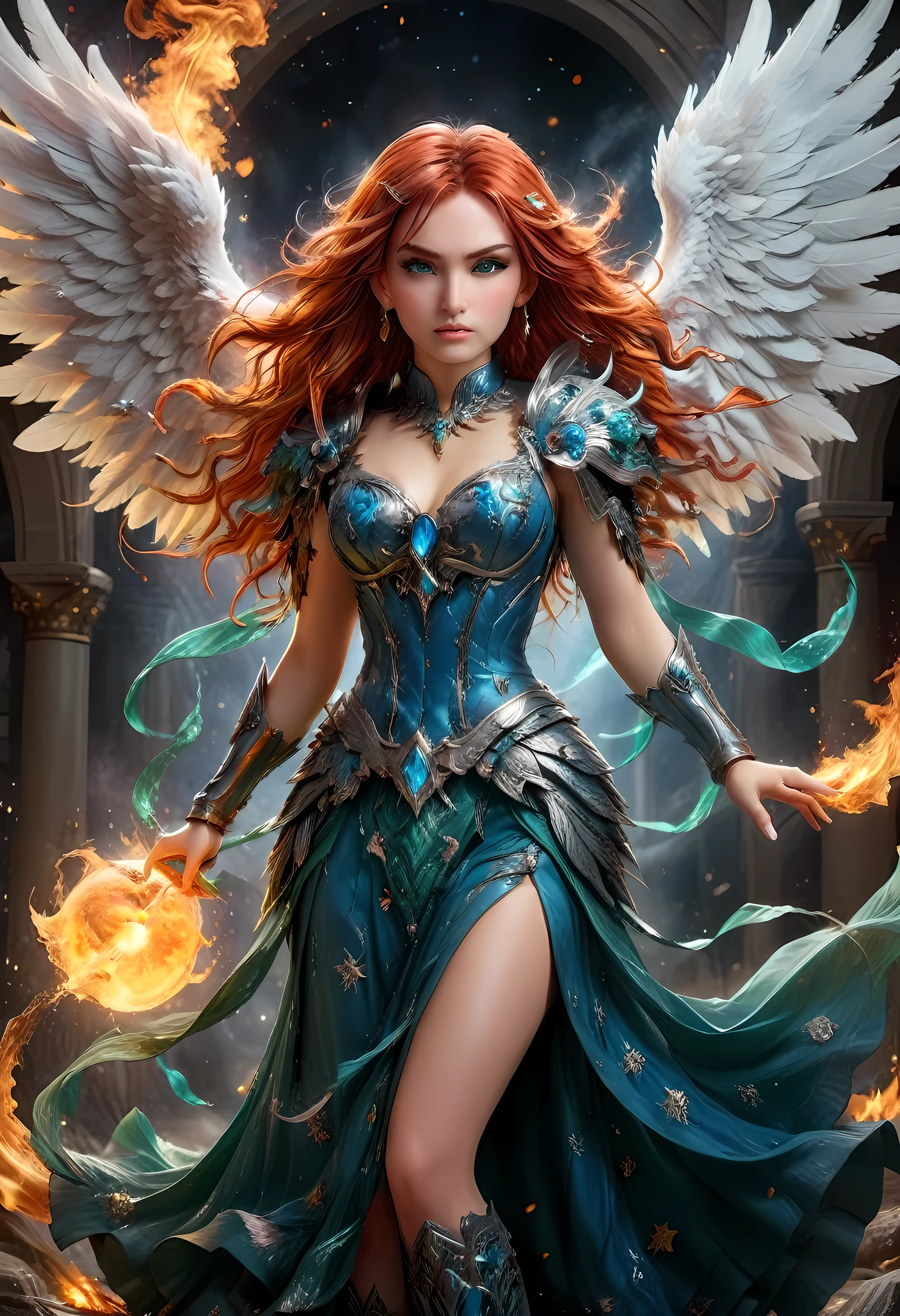 16k, ultra detailed, masterpiece, best quality, (extremely detailed), arafed, dnd art, panoramic view, full body, aasimar, female, (Masterpieceת intense details:1.3), female, sorceress, casting flaming spell(Masterpieceת intense details:1.3) large feathered wings,(white: 1.3) angelic wings spread (Masterpieceת intense details:1.3), fantasy magical heaven background (Masterpieceת intense details:1.3), moon, stars, clouds, wearing (azure: 1.3) armor (Masterpieceת intense details:1.3), high heeled boots (Masterpieceת intense details:1.3), armed with staff, (red hair: 1.4), (green eyes: 1.4), intense eyes, ultra feminine, ultra detailed face, (Masterpieceת intense details:1.5), (anatomically correct: 1.5), determined face, divine light, cinematic lighting, soft light, silhouette, photorealism, panoramic view ((Masterpieceת intense details:1.3) , Wide-Angle, Ultra-Wide Angle, 16k, highres, best quality, faize, 2.5D rendering, evening dress