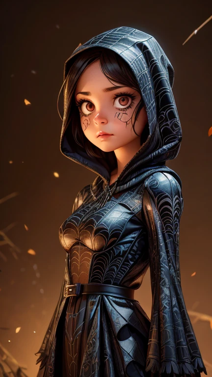 a girl wearing a spider costume, extremely detailed face and eyes, detailed portrait, beautiful hair, long spider legs, spider web pattern, dark gothic aesthetic, moody lighting, cinematic composition, intricate details, digital art, photorealistic, 8k, high quality, masterpiece