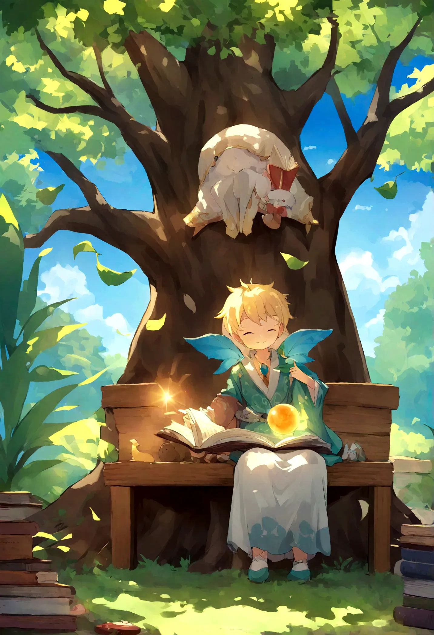 cartoon style  sitting on a bench under a tree , various colorful books, the  has a radiant smile on his face as he plunges into...