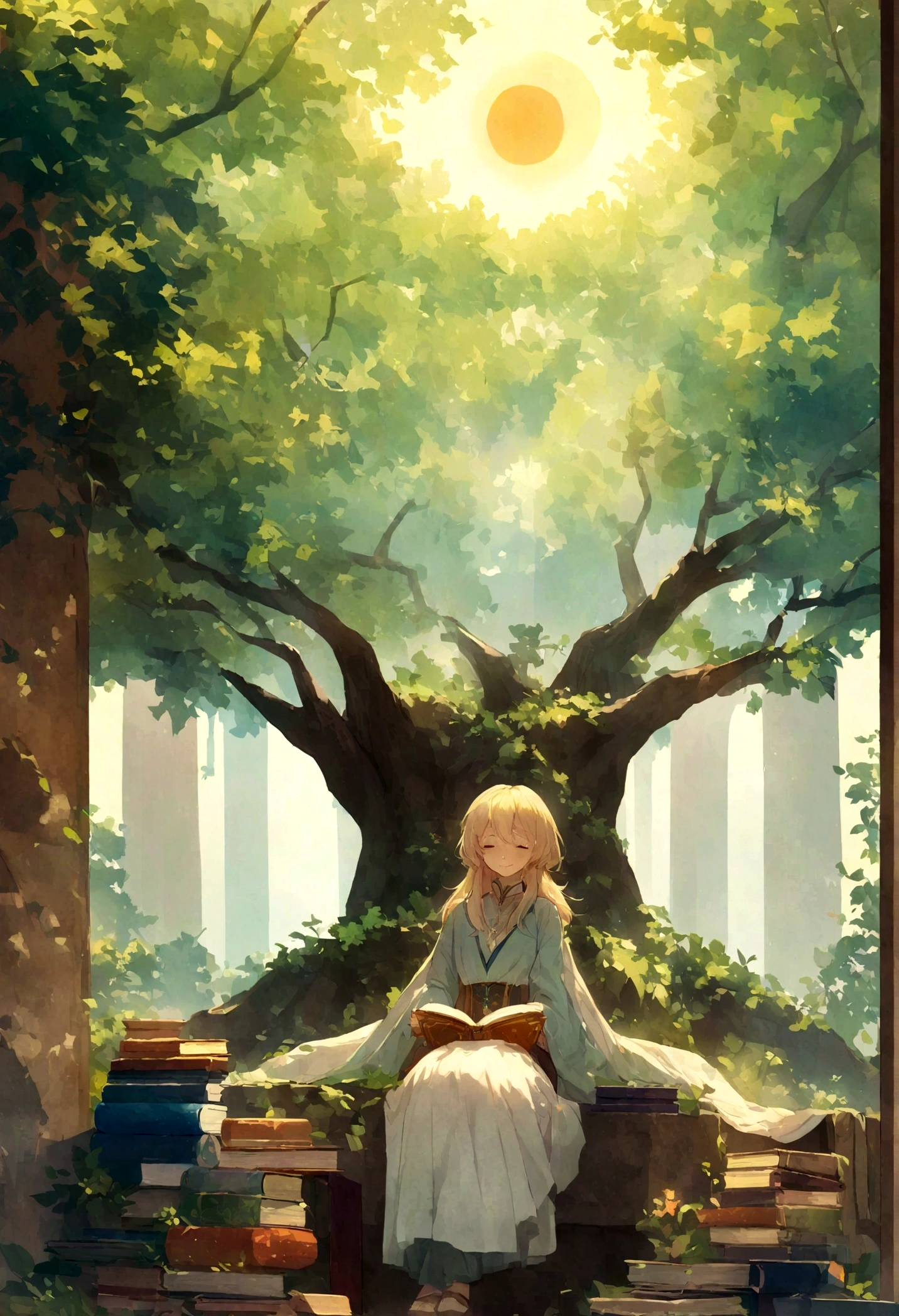 Cartoon style  sitting on a bench under a tree , various colorful books, The  has a radiant smile on his face as he plunges into the magical pages of an enchanting story. The sun shines softly through the leaves of the tree, criando um ambiente acolhedor e tranquilo. estilo cartoon , lugar magico com fadas e vaga-lumes