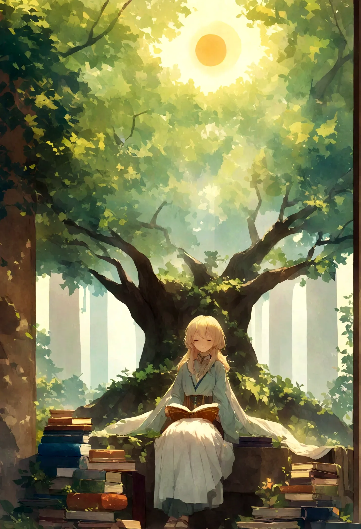 cartoon style  sitting on a bench under a tree , various colorful books, the  has a radiant smile on his face as he plunges into...