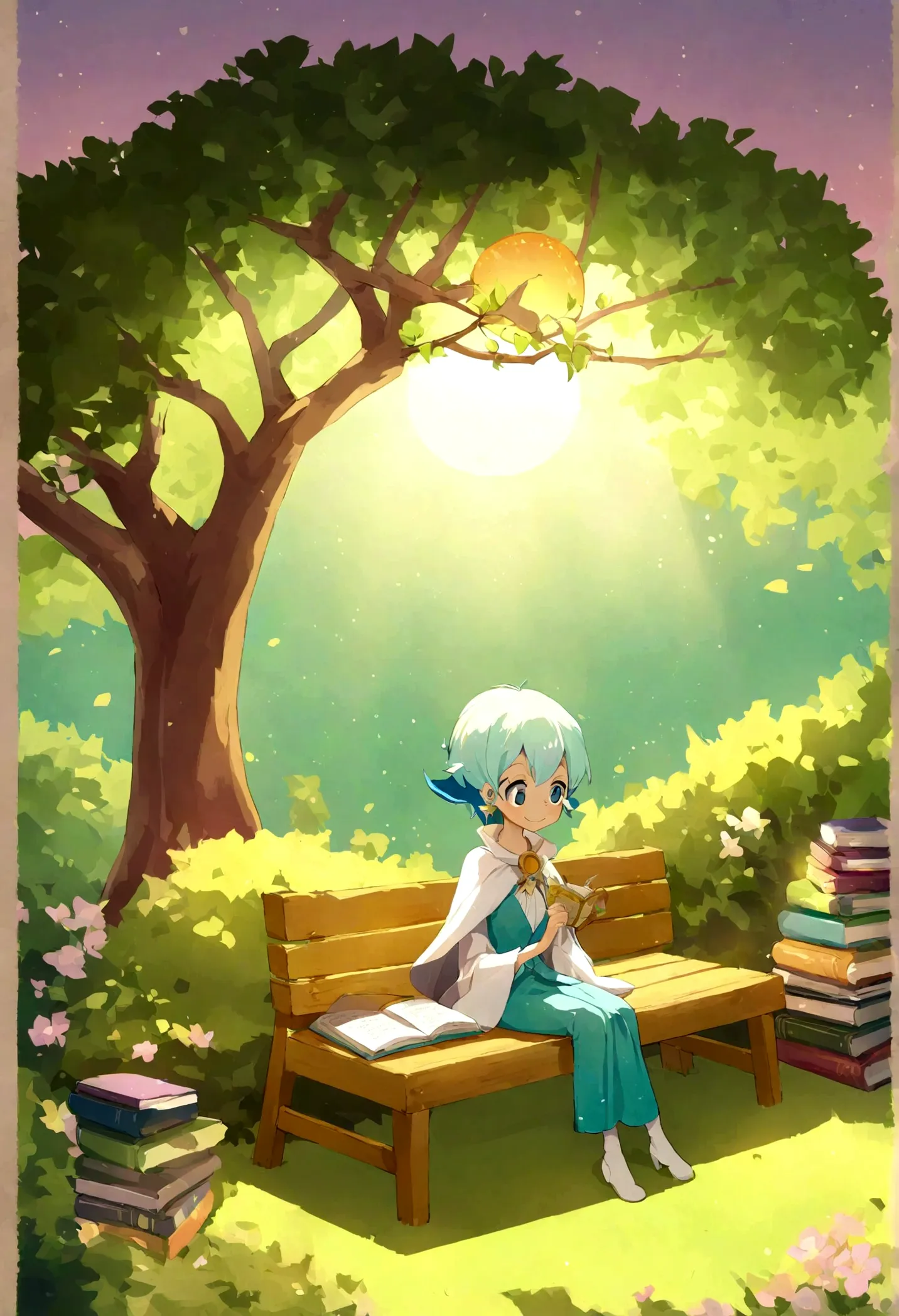 cartoon style  sitting on a bench under a tree , various colorful books, the  has a radiant smile on his face as he plunges into...