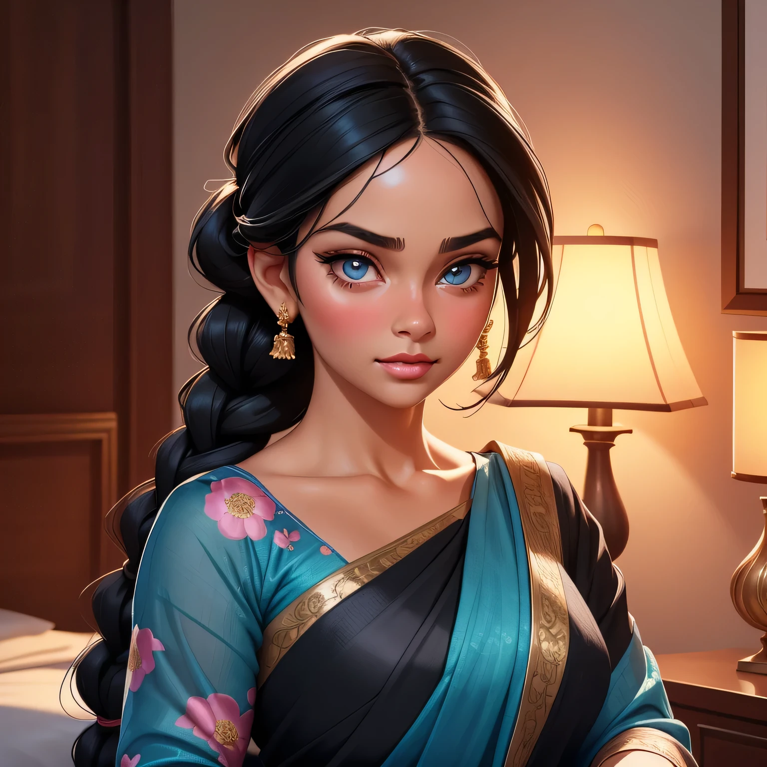 Amazing portrait of a sexy woman with her black hair tied in a braid and a beautiful fair toned face with amazing eyes and her perfect lips parted with blush on her cheeks with a flustered yet lustful expression on her face wearing a black blouse paired with a sheer floral blue saree in a bedroom at night time