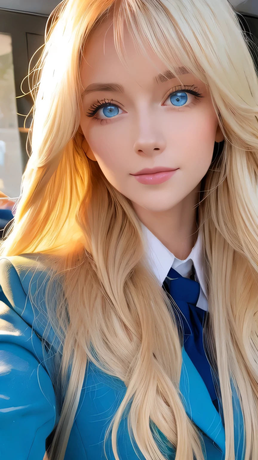 Beautiful girl in uniform、A very pretty 17 year old with super long blonde hair、Super long beautiful blonde hair、Beautiful long bangs、Bangs between the eyes、Very beautiful cute face、Cute beautiful kind face、Hello high school girls、Very beautiful bright pale sky blue big eyes、Hair above the eyes、片Hair above the eyes、Hair between the eyes、