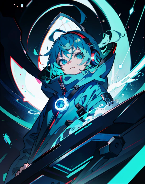 Anime girl medium hair, Wearing a hooded suit, Sharp Eyes、Looking down from above、grinning face、 blue hair,  Overall shot in neon style, whole body、  Large headphones、cool pose