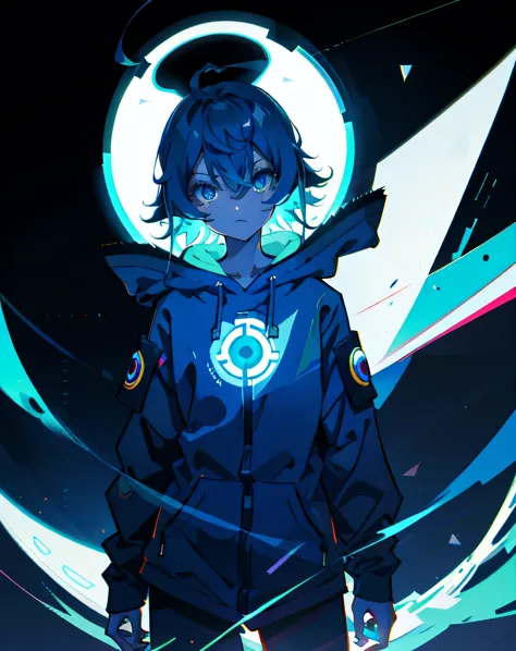 Anime girl medium hair, Wearing a hooded suit, Sharp Eyes、Looking down from above、grinning face、 blue hair,  Overall shot in neo...