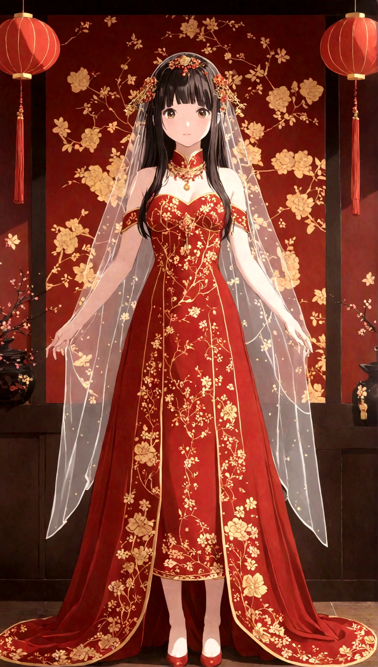 very long hair,（（（Eyes are very delicate）））（（（hair accessories）））（（（veil）））,necklace,Misako wears a red transparent sexy silk dress, ((skin glowing))The room is filled with Chinese New Year decorations（（（masterpiece）））, （（best quality））, （（intricate details））, （（Surreal））（8k）, loli