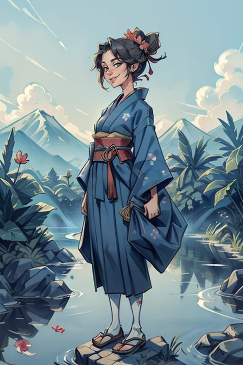  The image features a female character, who is the central figure. She is dressed in a traditional Japanese outfit, which includ...