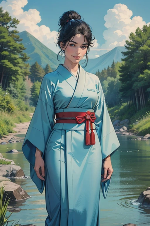 이미지에는 여성 캐릭터가 등장합니다., 중심인물은 누구인가. 그녀는 일본 전통 의상을 입고 있습니다., 기모노와 하카마가 포함되어 있습니다.. 기모노에는 파란색과 흰색 색상이 있습니다., 어울리는 오비 벨트와 함께. 하카마는 흰색이고 복잡한 디자인의 파란색 벨트가 있습니다.. 캐릭터의 머리카락은 롤빵 스타일입니다., 그리고 그 사람은 작은 게 있어, 그 안에 붉은 꽃. 그녀는 강가에 서 있다, 울창한 숲으로 둘러싸여 있는 곳. 위의 하늘은 맑고 푸르다. 전체적인 풍경은 고요하고 평화롭다..
