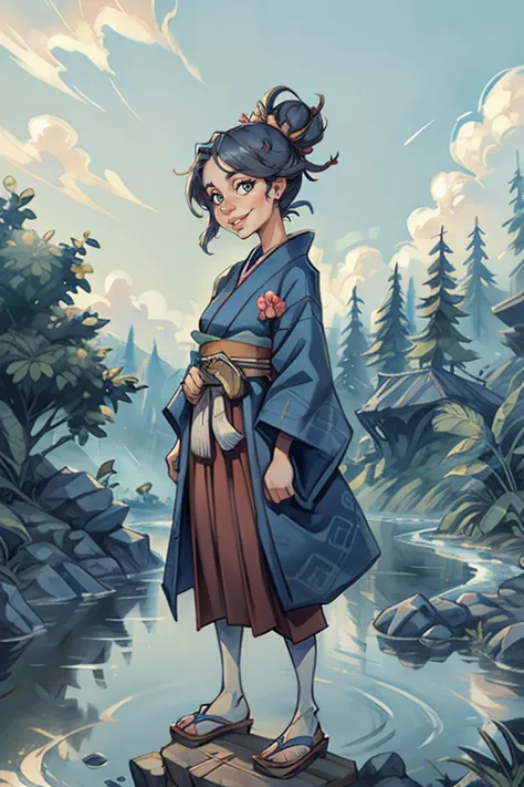  The image features a female character, who is the central figure. She is dressed in a traditional Japanese outfit, which includ...