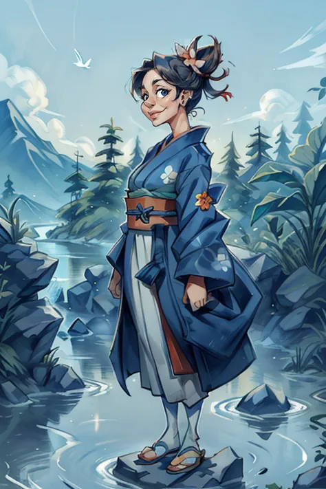  The image features a female character, who is the central figure. She is dressed in a traditional Japanese outfit, which includ...