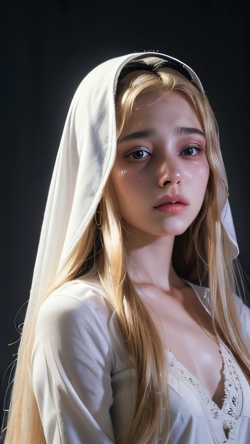 A beautiful young arabic girl, 15 years old, long blonde hair, white radiant skin, feeling anxious, insecure with herself, white dress, feeling anxiety, sad, terrified, gloomy expression, dramatic lighting, Ultra high res, uhd, (photorealistic:1.4), cinematic light, chest view, sweaty