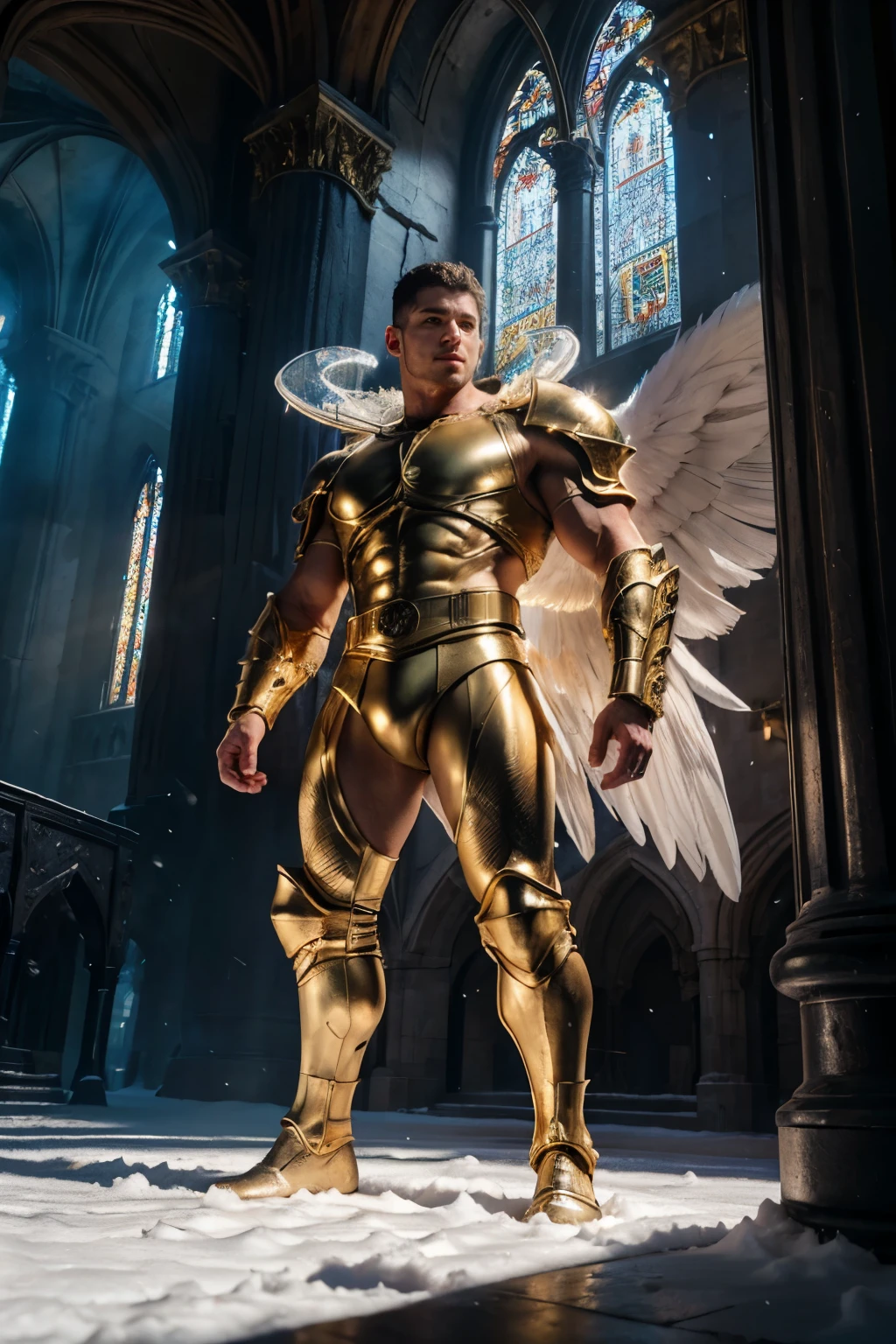 ultra high res, best quality, photo, 4k, (photorealistic:1.4), cinematic lighting, a male angel with large translucent wings,muscular man, abdominal muscle, wearing medieval gold armor, detailed feathers, cyberpunk environment, snow and  environment in the background, cathedral of , portal of the future, volumetric light, HD, magic, god light, backlighting, detailed face, contrapposto,