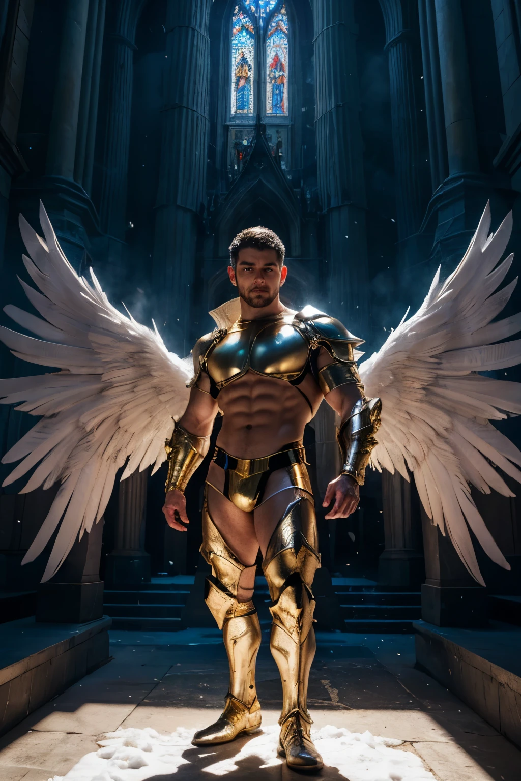 ultra high res, best quality, photo, 4k, (photorealistic:1.4), cinematic lighting, a male angel with large translucent wings,muscular man, abdominal muscle, wearing medieval gold armor, detailed feathers, cyberpunk environment, snow and  environment in the background, cathedral of , portal of the future, volumetric light, HD, magic, god light, backlighting, detailed face, contrapposto,