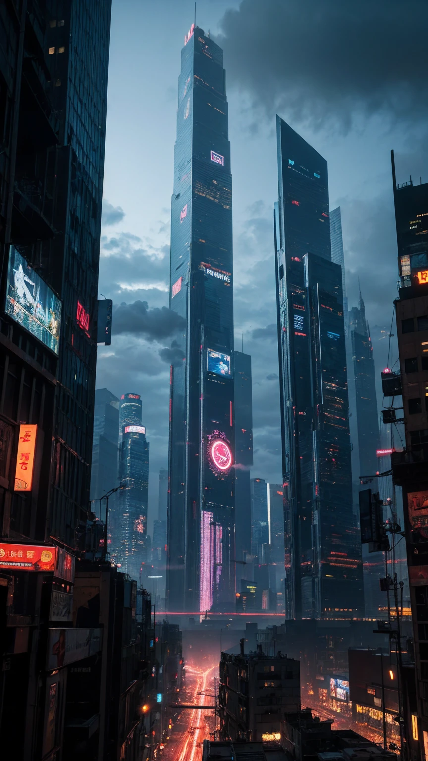 une scène cyberpunk très détaillée, un paysage urbain futuriste avec des gratte-ciel imposants, néons, et une technologie avancée, 4k, Meilleure qualité, ultra-détaillé, Photoréaliste, Éclairage cinématographique, couleurs dramatiques, composition dynamique, architecture complexe, écrans holographiques, véhicules volants, robotique avancée, ambiance maussade