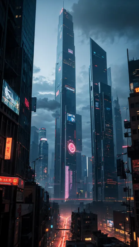 a highly detailed cyberpunk scene, a futuristic cityscape with towering skyscrapers, neon lights, and advanced technology, 4k, b...