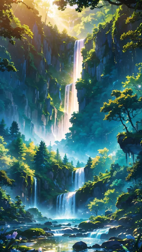 a celestial fantasy landscape, a majestic waterfall cascading into a serene pool, lush verdant forests bathed in golden light, c...