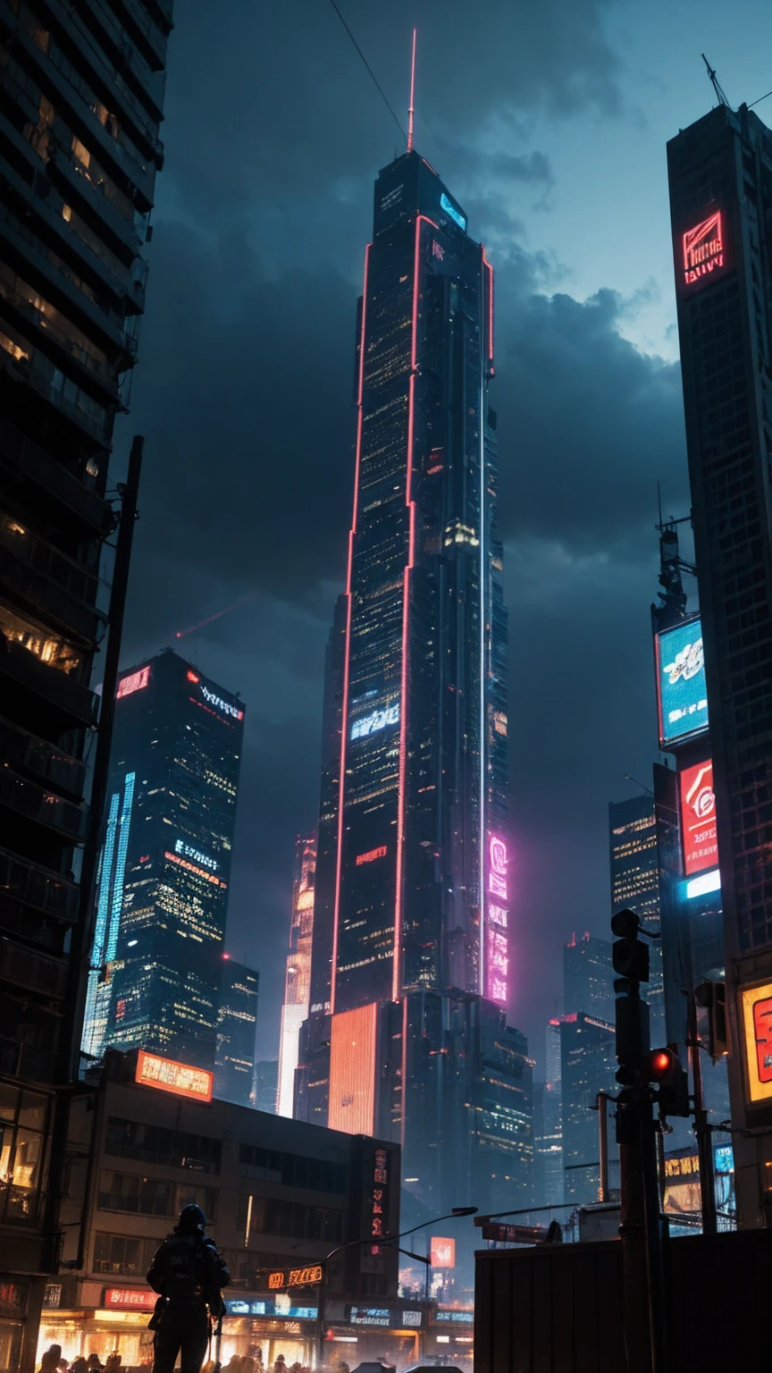 eine hochdetaillierte Cyberpunk-Szene, eine futuristische Stadtlandschaft mit hoch aufragenden Wolkenkratzern, Neonlichter, und fortschrittliche Technologie, 4k, beste Qualität, ultra-detailliert, fotorealistisch, filmische Beleuchtung, dramatische Farben, dynamische Komposition, komplizierte Architektur, holografische Displays, fliegende Fahrzeuge, fortgeschrittene Robotik, stimmungsvolle Atmosphäre