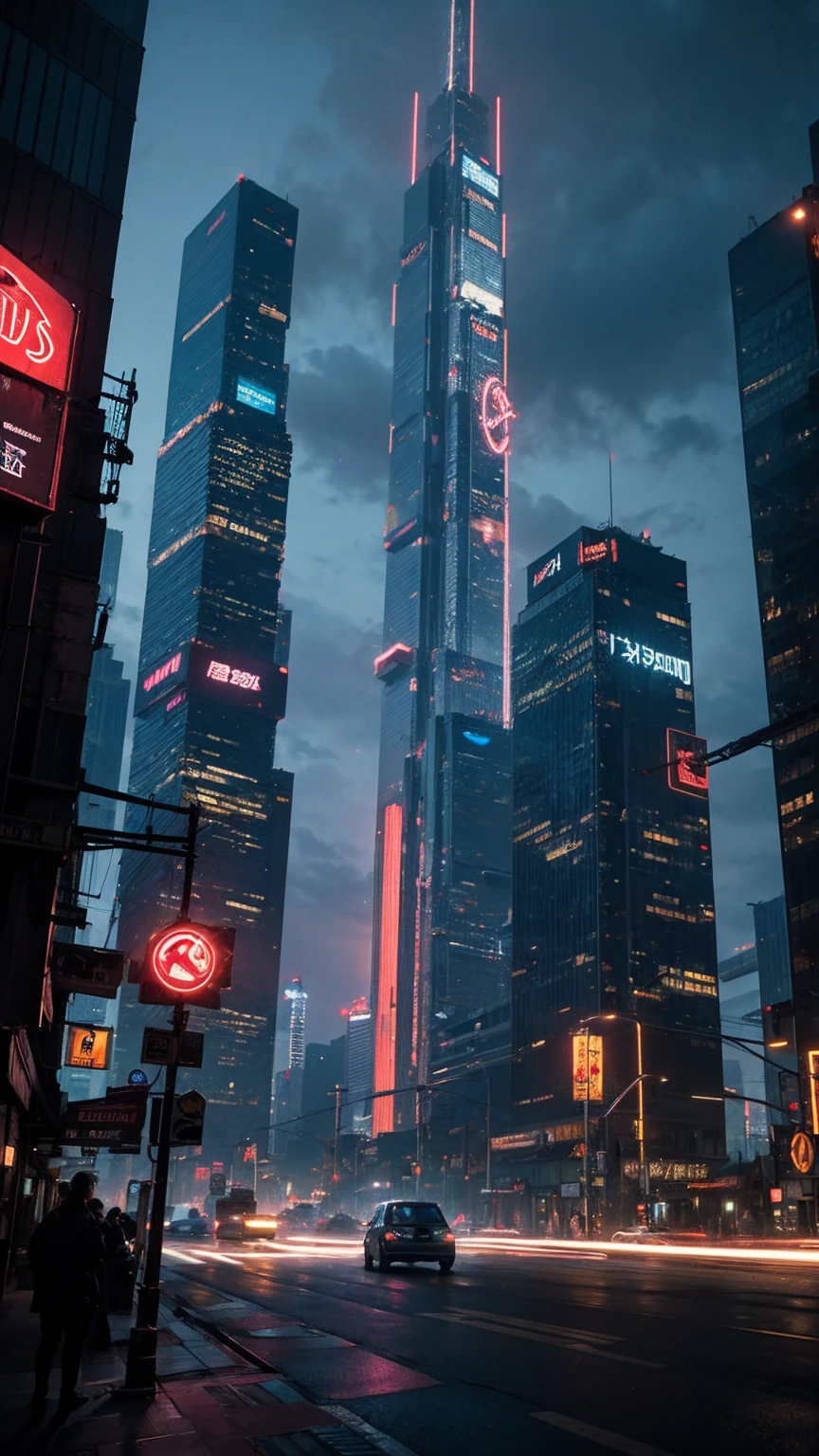 eine hochdetaillierte Cyberpunk-Szene, eine futuristische Stadtlandschaft mit hoch aufragenden Wolkenkratzern, Neonlichter, und fortschrittliche Technologie, 4k, beste Qualität, ultra-detailliert, fotorealistisch, filmische Beleuchtung, dramatische Farben, dynamische Komposition, komplizierte Architektur, holografische Displays, fliegende Fahrzeuge, fortgeschrittene Robotik, stimmungsvolle Atmosphäre