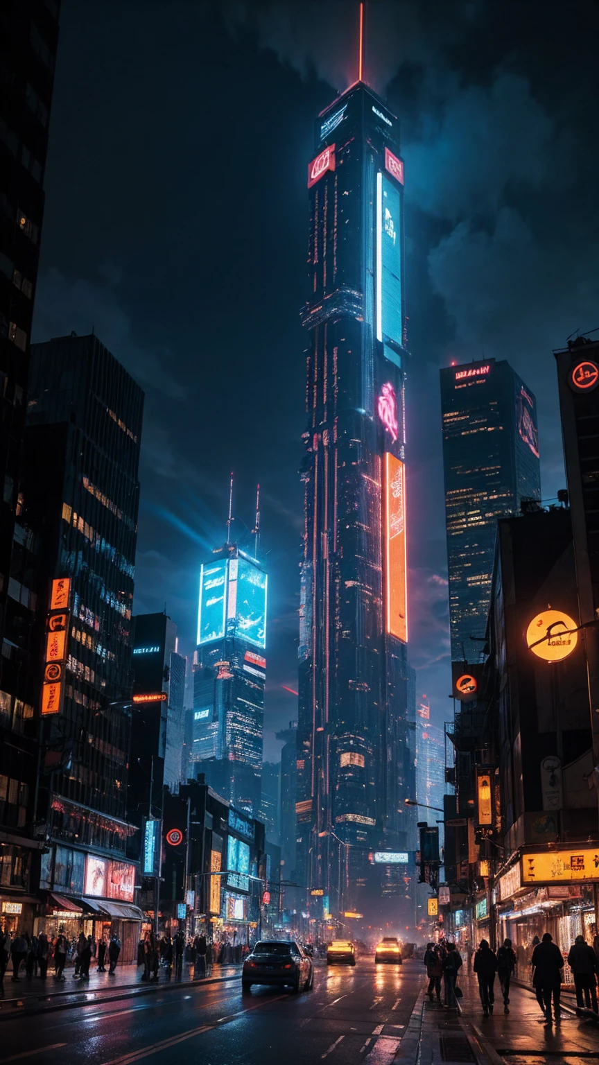 uma cena cyberpunk altamente detalhada, Uma paisagem urbana futurista com arranha-céus imponentes, luzes de neon, e tecnologia avançada, 4K, melhor qualidade, Ultra-detalhado, fotorrealista, iluminação cinematográfica, cores dramáticas, composição dinâmica, arquitetura complexa, exibições holográficas, veículos voadores, robótica avançada, atmosfera temperamental